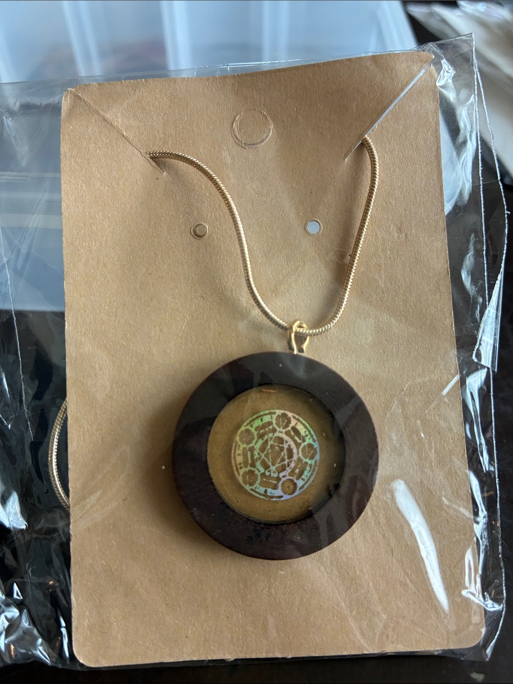 Gold-Tone Pendant Necklace with Dark Brown Wood Frame